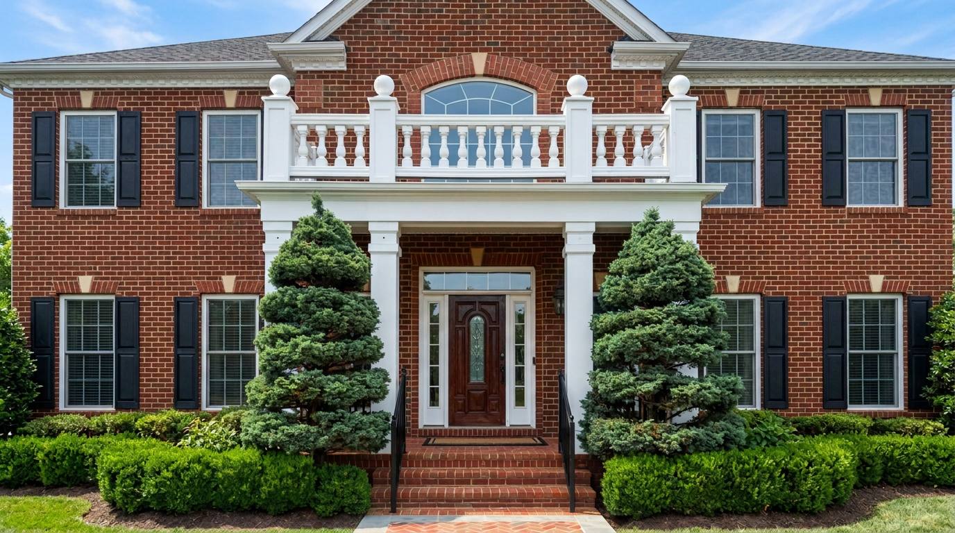 Elegant brick home with a white balcony and manicured landscaping in Northern Virginia